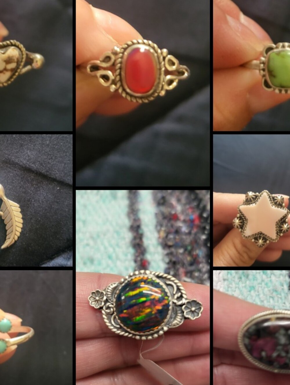 Sterling Silver Turquoise & Mixed Gemstone Lot 7 Rings 1 Pendent